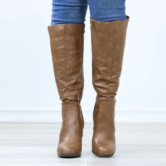 Tan Below The Knee Faux Leather Boots Round Toe Classy Cone Heeled - Picture 9 of 14